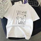 90s Graphic Cat T-Shirt – Women’s Harajuku Vintage Rock Top Tee Simple Brush Drawing Design - R7518-4 / M