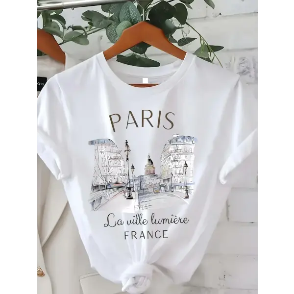 90s Paris Print T-Shirt – Women’s Short Sleeve Crew Neck Casual Top for Summer & Spring