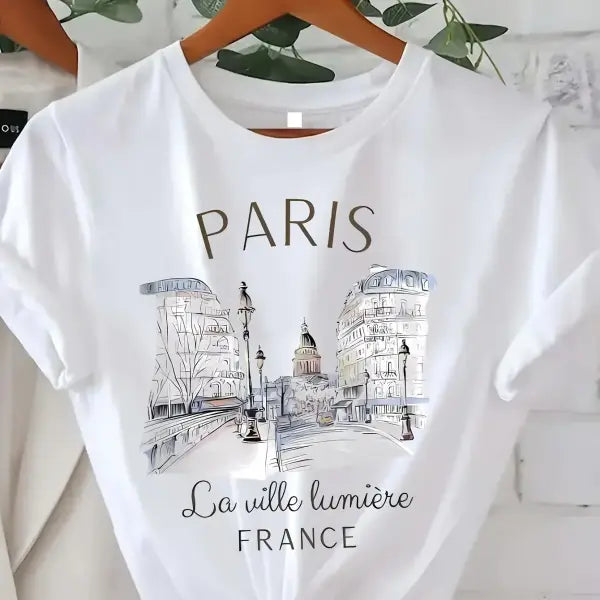 90s Paris Print T-Shirt – Women’s Short Sleeve Crew Neck Casual Top for Summer & Spring - L / FQ800T White