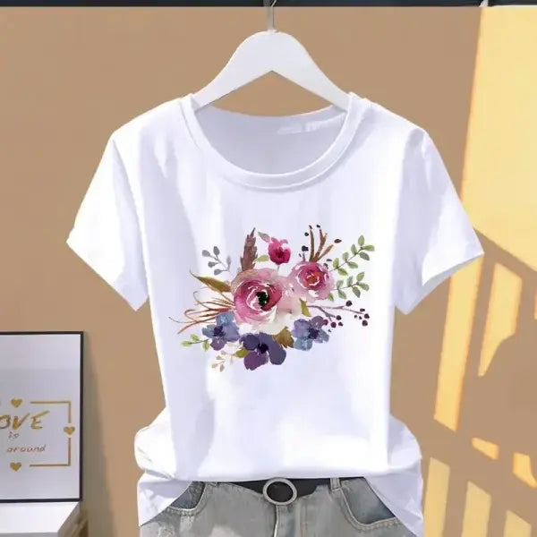 90s Y2K Floral Graphic T-Shirt – Women’s Casual Short Sleeve Retro Fashion Tee - 892 / L