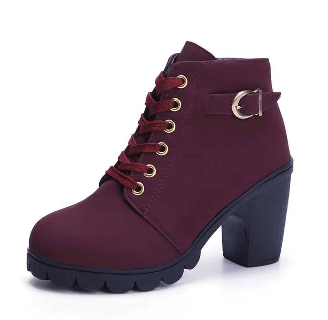 Fashoin Leopard Print Ankle Square Heel Suede Lace-up Zip Boots Women Casual Versatile Shoes Autumn And Winter - Wine