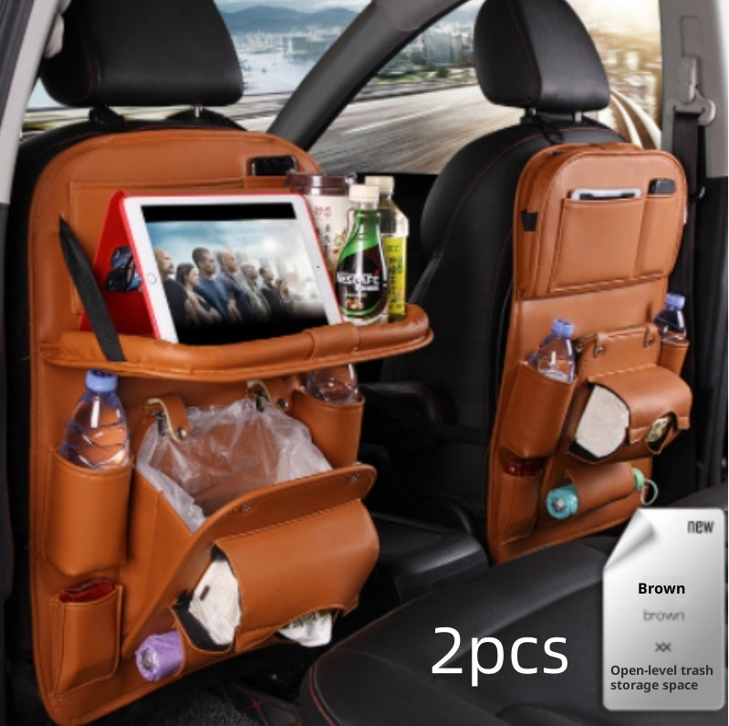 PU Leather Car Storage Hanging Bag with Tissue Box and Tray - Brown 2pcs