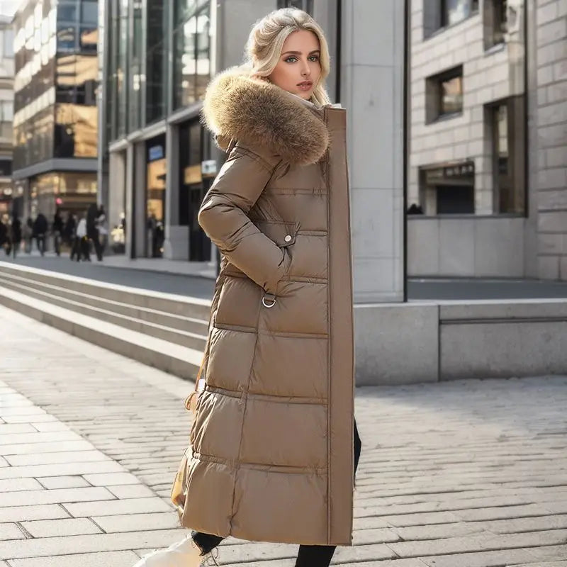 Women’s Winter Slim Long Jacket with Fur Hood and Stylish Belt