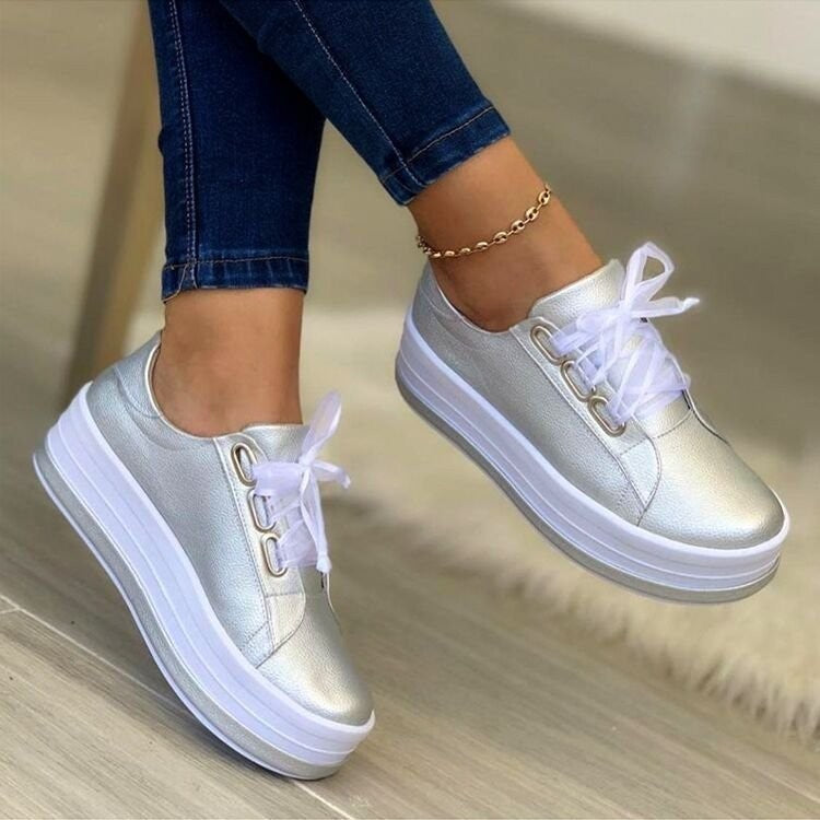 Fashion Flats Sneakers Women Ribbon Lace-up Platform Shoes - Silver / Size35