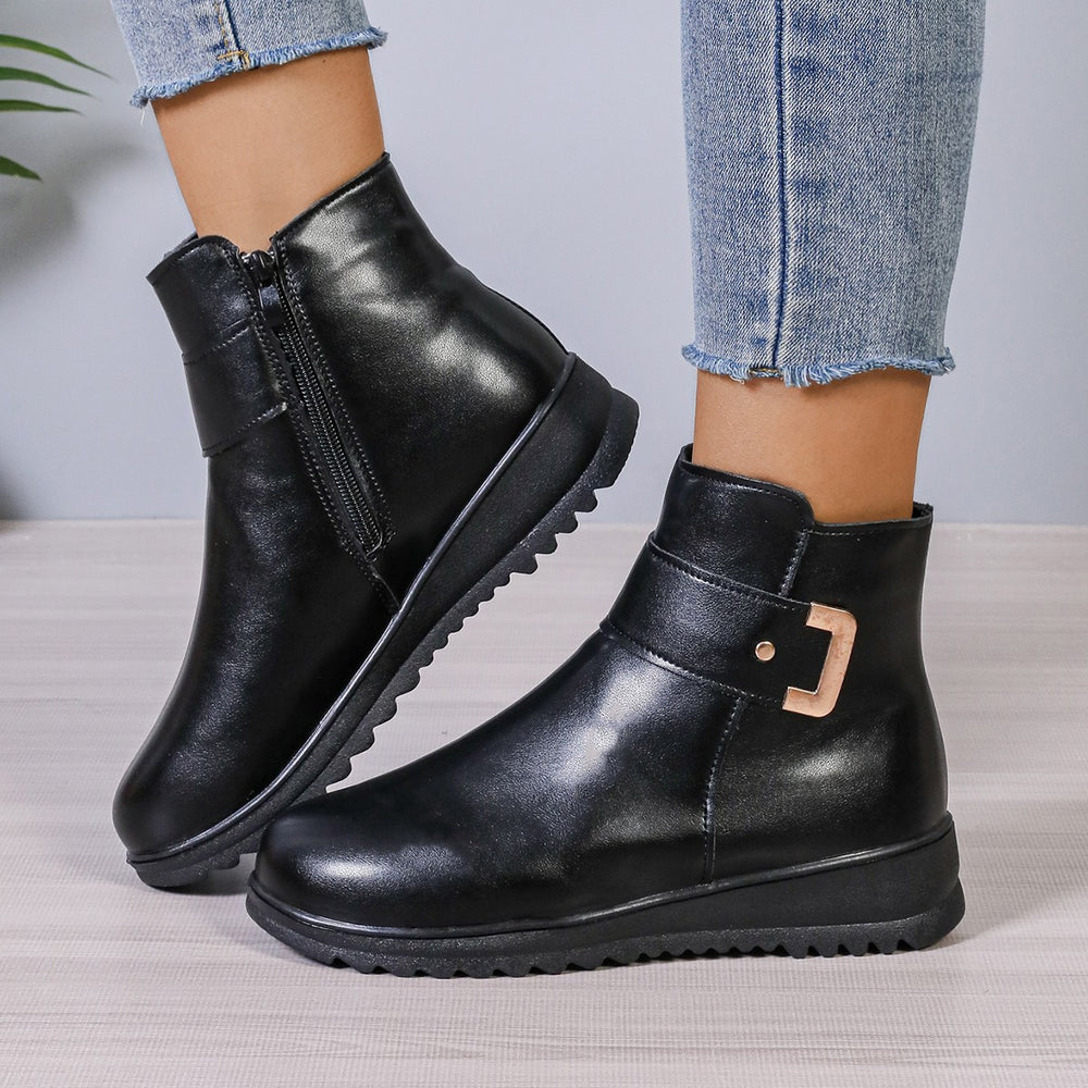 Winter Fleece Boots With Side Zipper Design Fashion Simple Non-slip Ankle Boots For Women Warm Pu Leather Shoes - Black