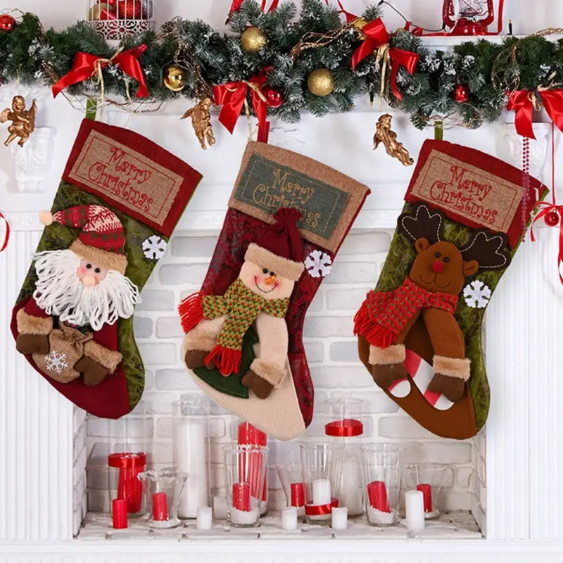 Christmas Stocking Socks with Santa Snowman Elk and Xmas Tree Ornaments