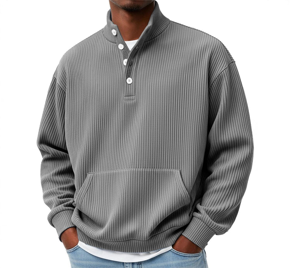 Mens Solid-Color Turtleneck Casual Long-Sleeve Polo Sweatshirt With Pockets For Men Spring Autumn Clothing Loose Button