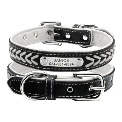 Braided Name-Plated Personalized Leather Dog Collar with Engraved ID Tags - White / XL