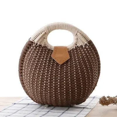 Natural Rattan Handwoven Shell Handbag Bohemian Summer Tote - Coffee / (30cm<Max Length<50cm)