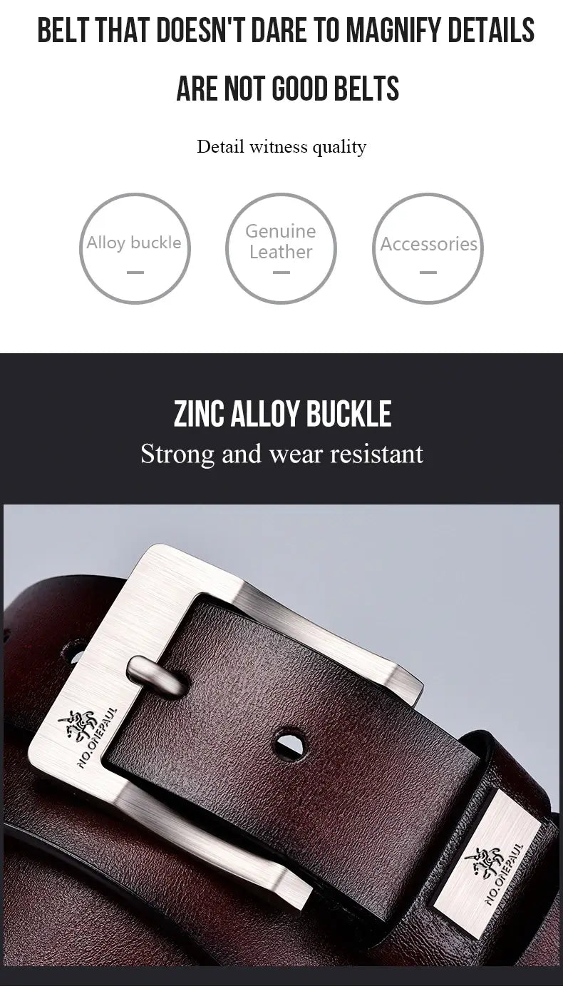 Leather Men’s Belt with High-Quality Cowskin Buckle Waistband