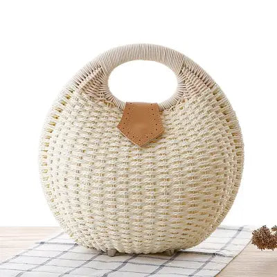 Natural Rattan Handwoven Shell Handbag Bohemian Summer Tote - Beige / (30cm<Max Length<50cm)