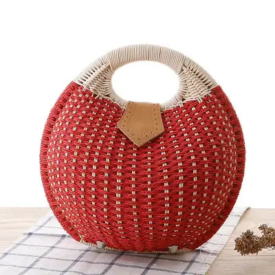 Natural Rattan Handwoven Shell Handbag Bohemian Summer Tote - Red / (30cm<Max Length<50cm)