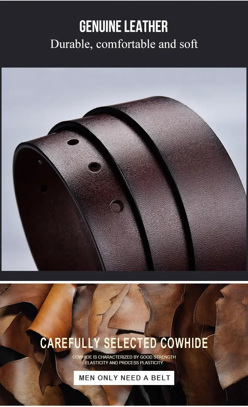 Leather Men’s Belt with High-Quality Cowskin Buckle Waistband