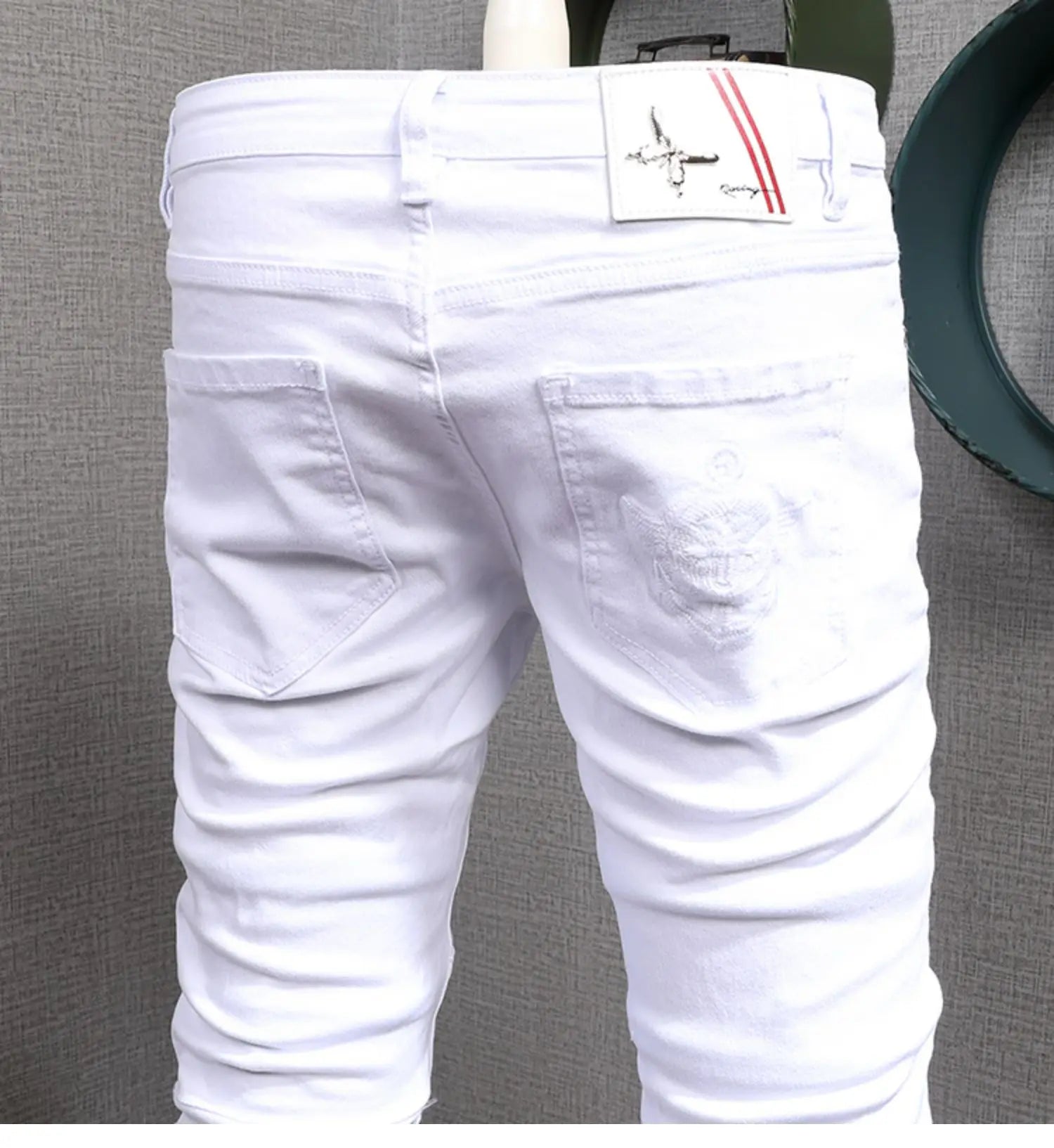 Summer Men’s White Jeans Casual Cotton Slim Fit Straight Pants Mens Fashion Streetwear Ripped Patches Denim Trousers