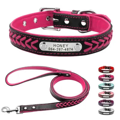 Braided Name-Plated Personalized Leather Dog Collar with Engraved ID Tags - Rose set / XS