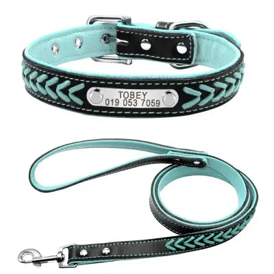 Braided Name-Plated Personalized Leather Dog Collar with Engraved ID Tags - Blue set / XS