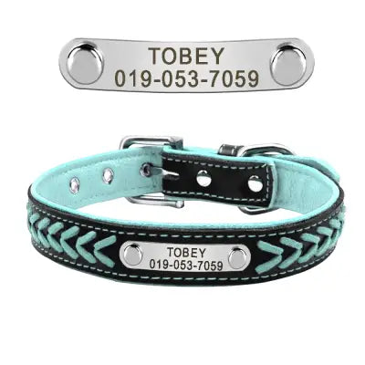 Braided Name-Plated Personalized Leather Dog Collar with Engraved ID Tags - Blue / XS