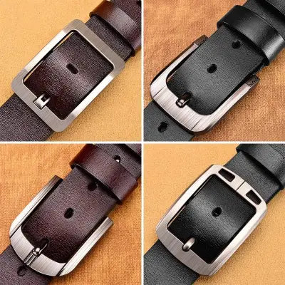 Leather Men’s Belt with High-Quality Cowskin Buckle Waistband