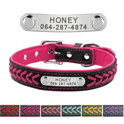 Braided Name-Plated Personalized Leather Dog Collar with Engraved ID Tags - Rose / S