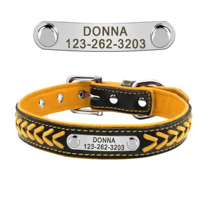 Braided Name-Plated Personalized Leather Dog Collar with Engraved ID Tags - Yellow / L