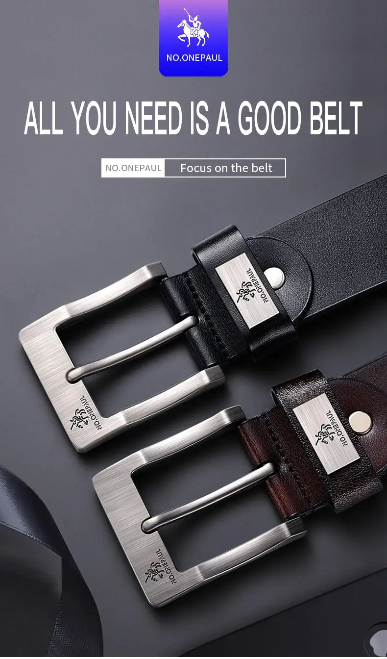 Leather Men’s Belt with High-Quality Cowskin Buckle Waistband