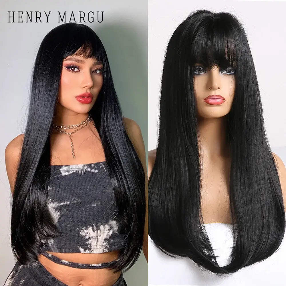 Black Bob Wig – Stylish Long Black Synthetic Wig with Bangs