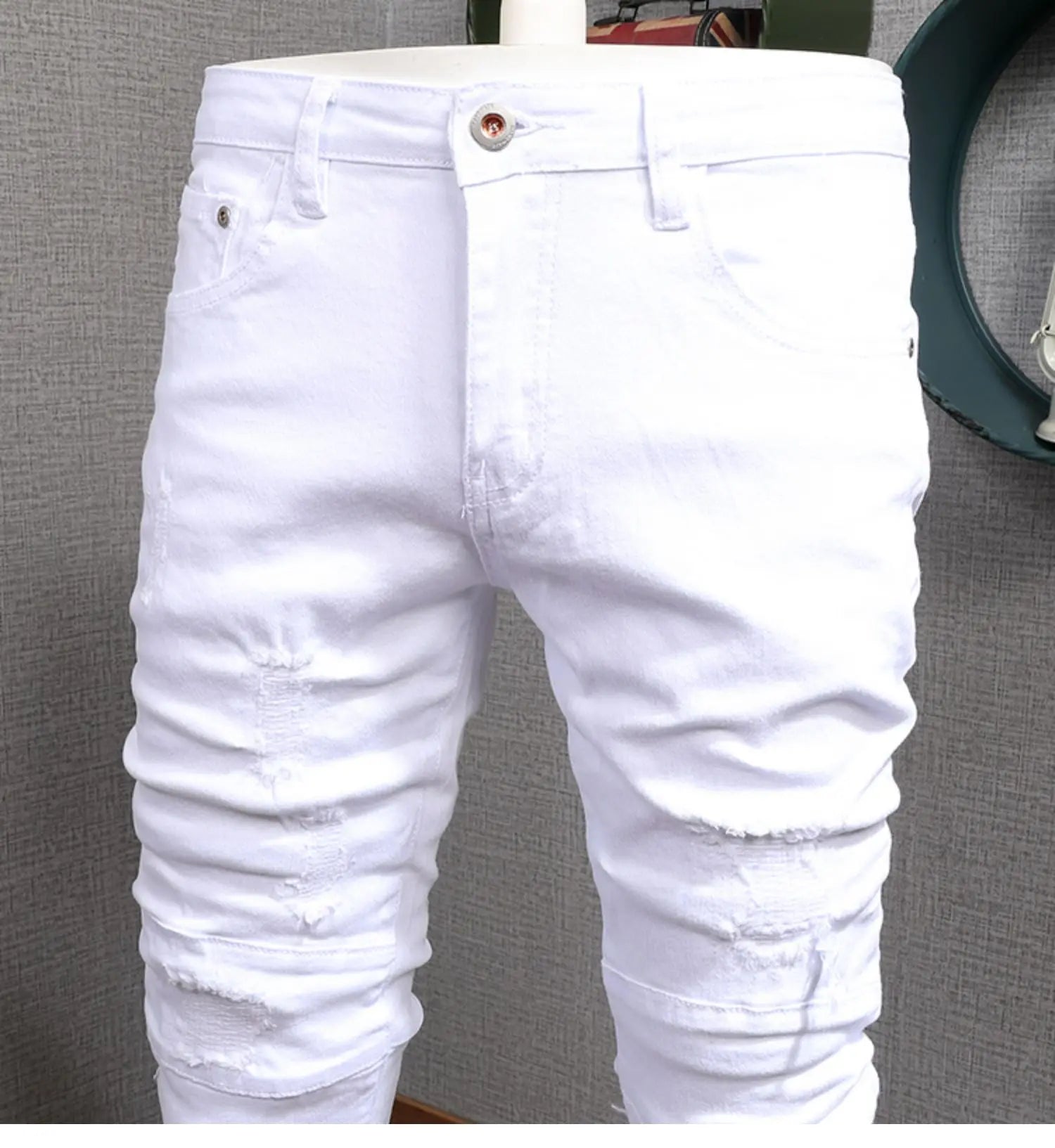 Summer Men’s White Jeans Casual Cotton Slim Fit Straight Pants Mens Fashion Streetwear Ripped Patches Denim Trousers