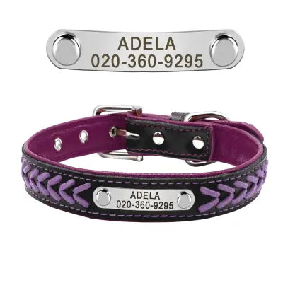 Braided Name-Plated Personalized Leather Dog Collar with Engraved ID Tags - PURPLE / S