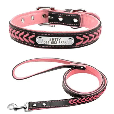 Braided Name-Plated Personalized Leather Dog Collar with Engraved ID Tags - Pink set / M