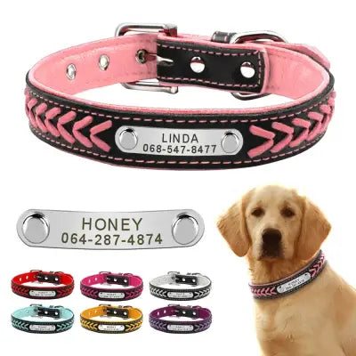 Braided Name-Plated Personalized Leather Dog Collar with Engraved ID Tags - Purple set / L