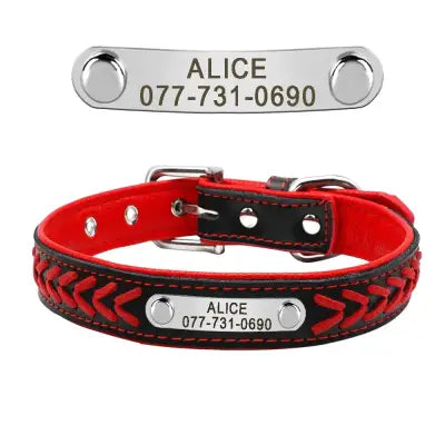 Braided Name-Plated Personalized Leather Dog Collar with Engraved ID Tags - Red / L