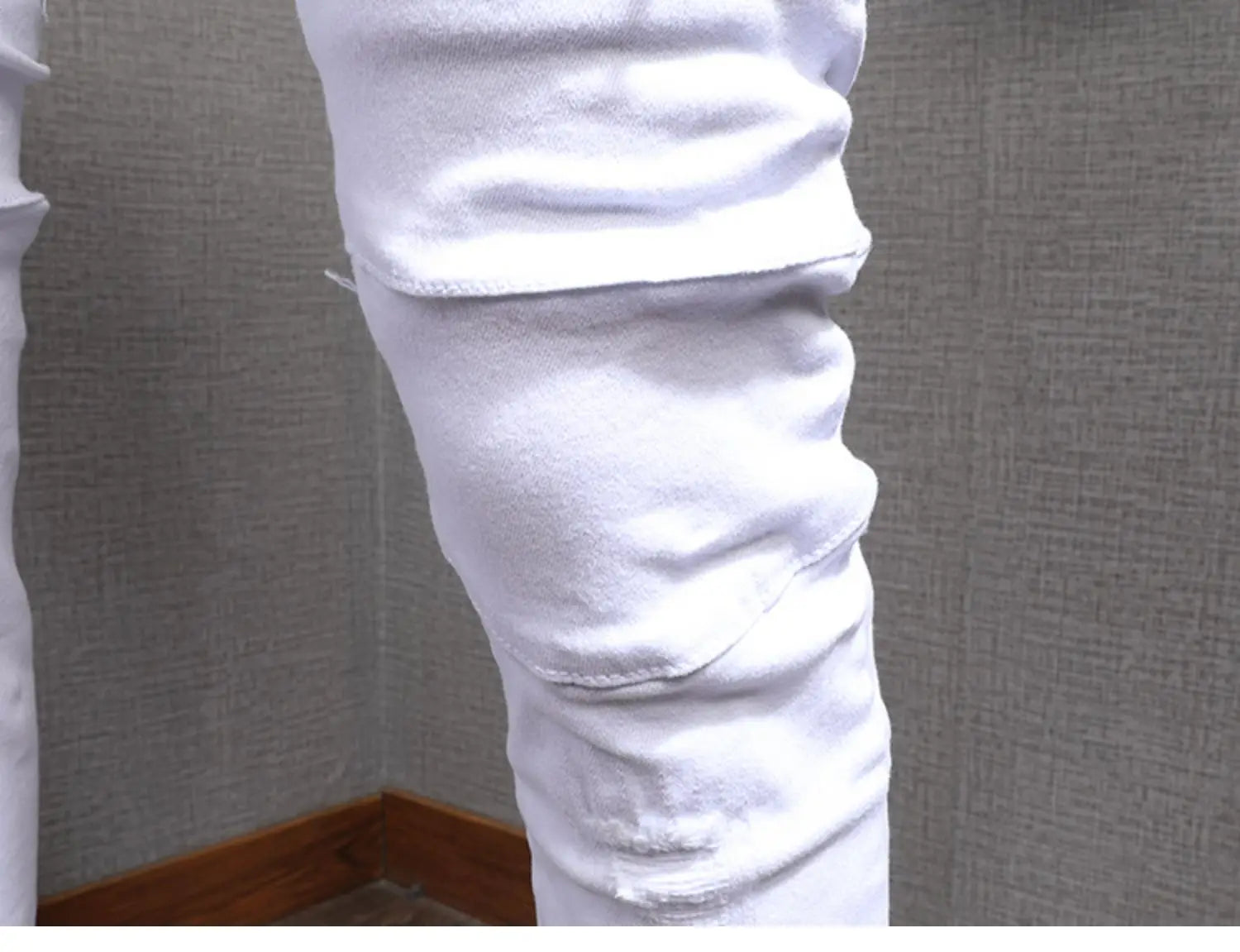 Summer Men’s White Jeans Casual Cotton Slim Fit Straight Pants Mens Fashion Streetwear Ripped Patches Denim Trousers