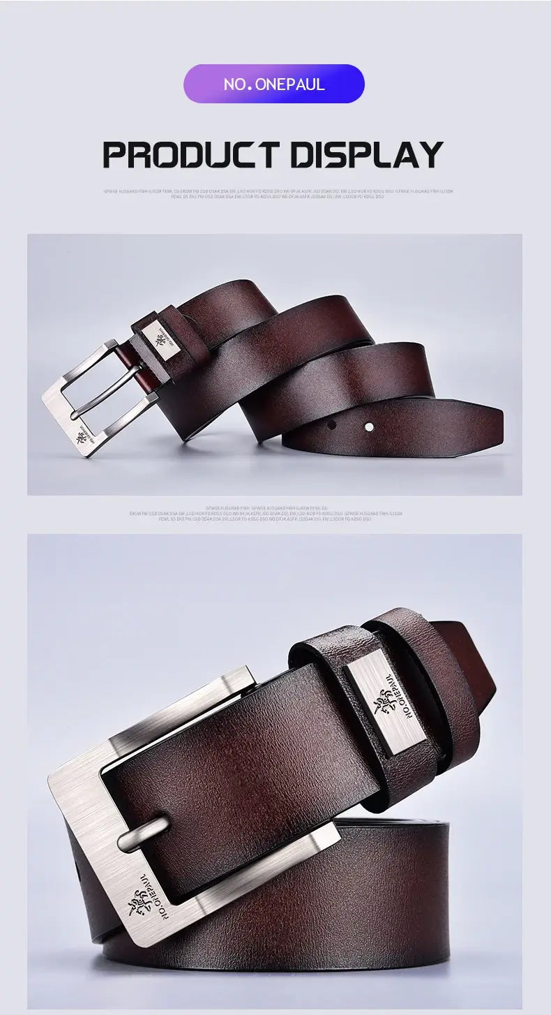 Leather Men’s Belt with High-Quality Cowskin Buckle Waistband