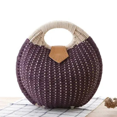 Natural Rattan Handwoven Shell Handbag Bohemian Summer Tote - PURPLE / (30cm<Max Length<50cm)