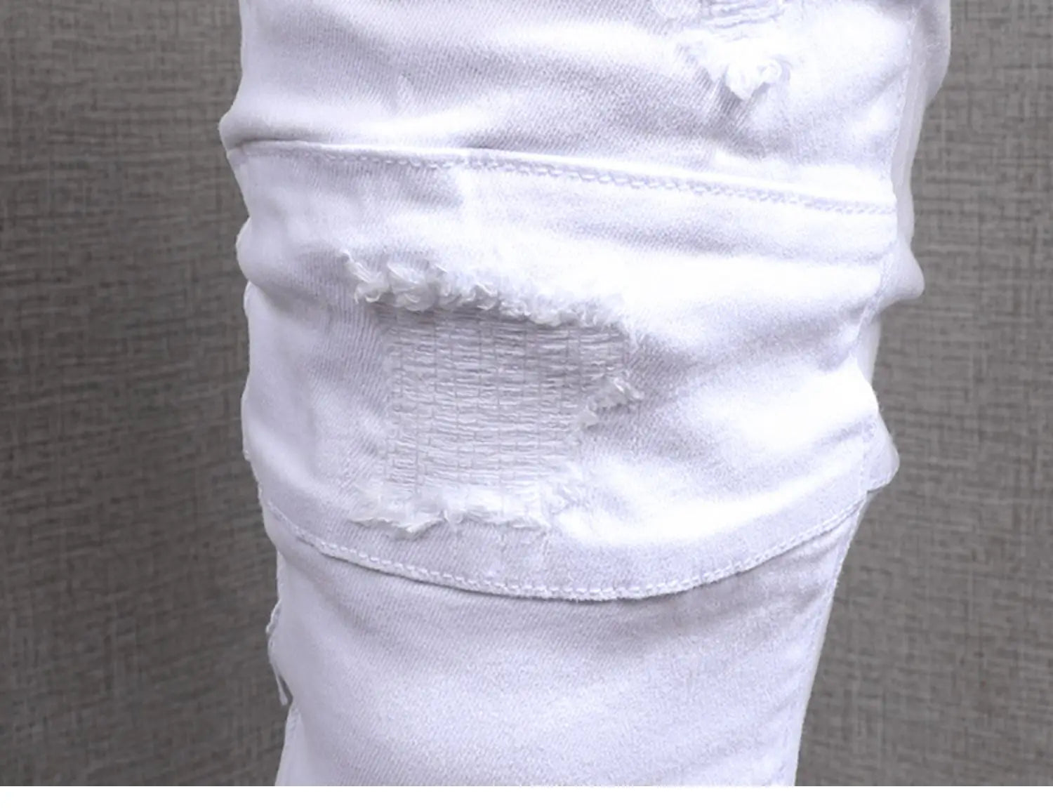 Summer Men’s White Jeans Casual Cotton Slim Fit Straight Pants Mens Fashion Streetwear Ripped Patches Denim Trousers