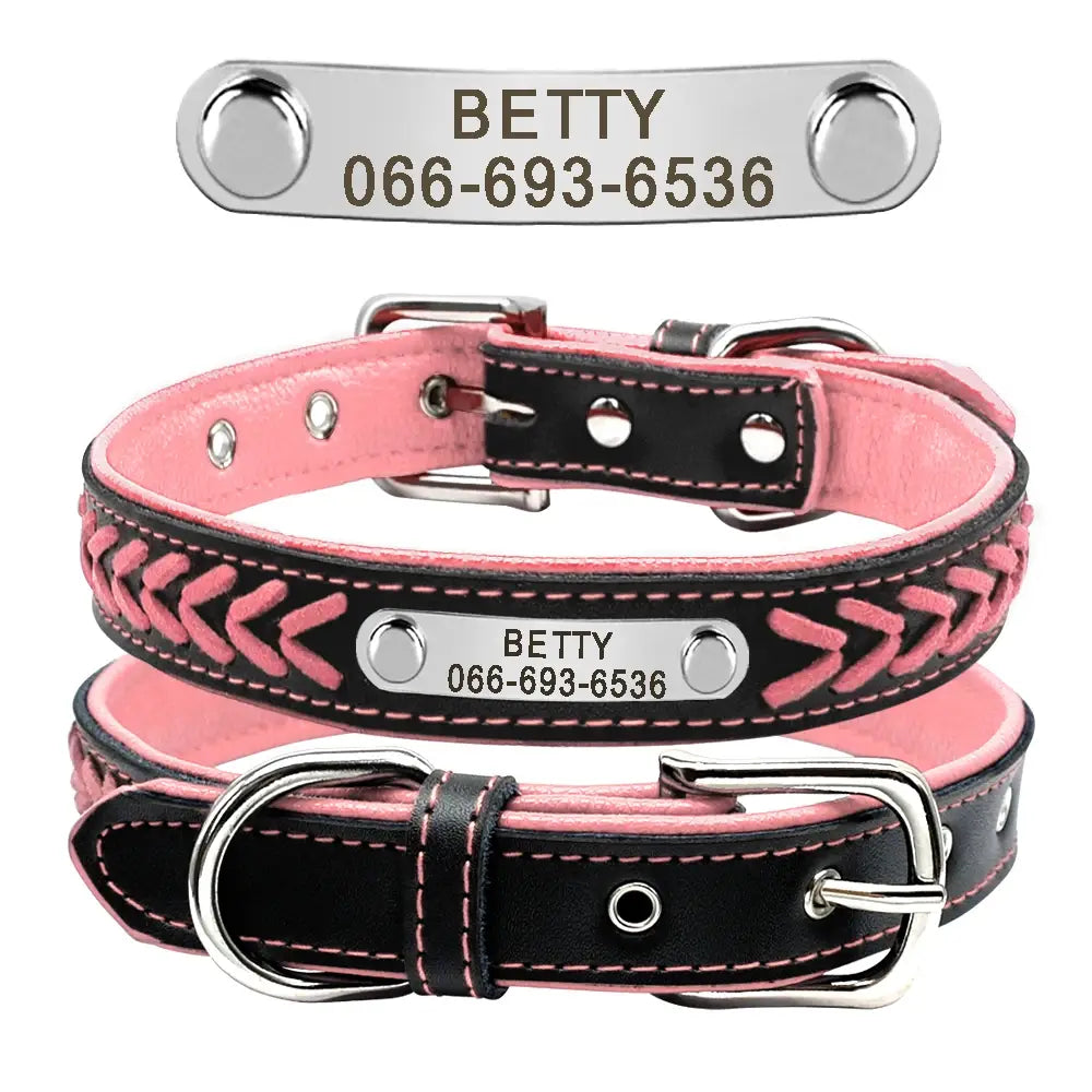 Braided Name-Plated Personalized Leather Dog Collar with Engraved ID Tags