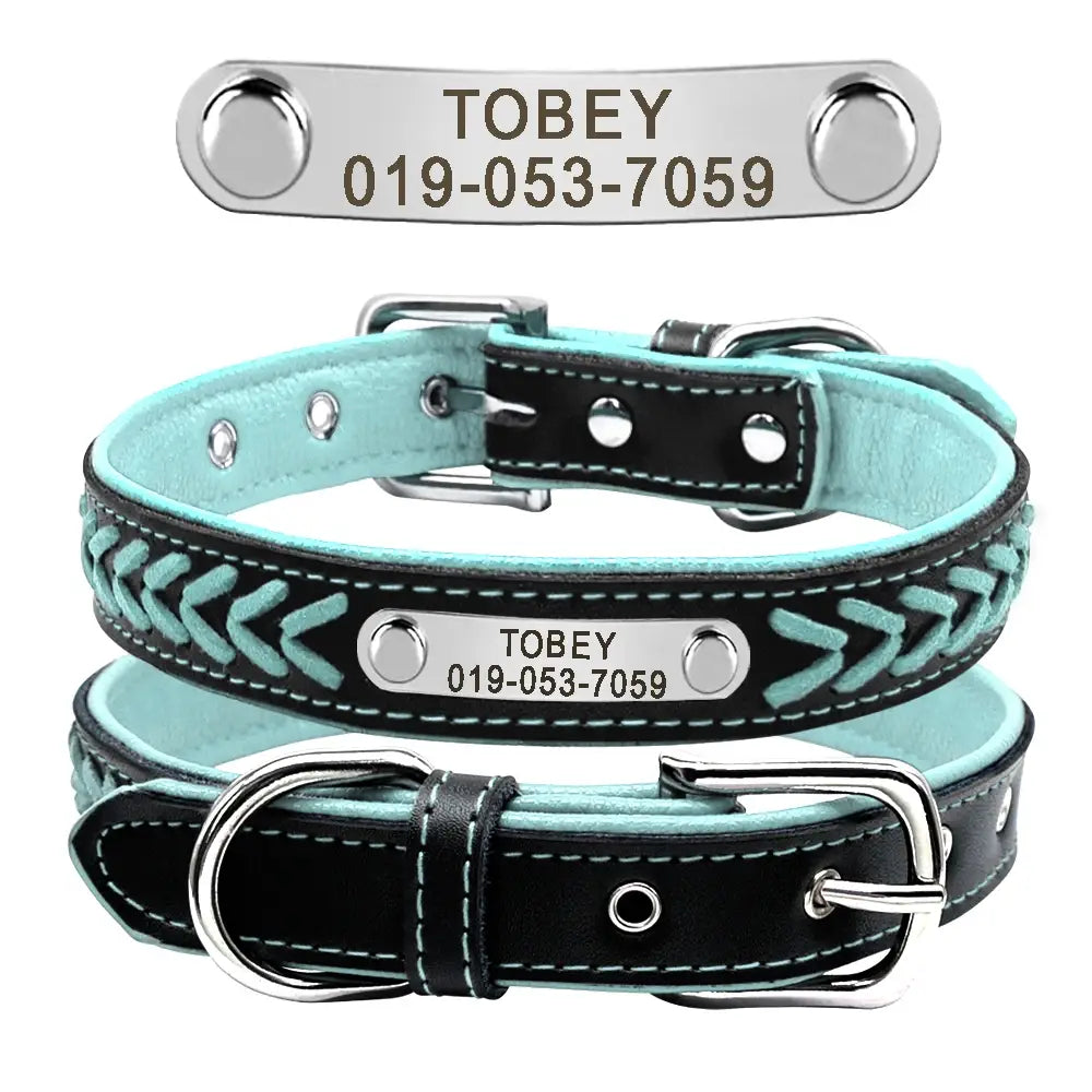 Braided Name-Plated Personalized Leather Dog Collar with Engraved ID Tags