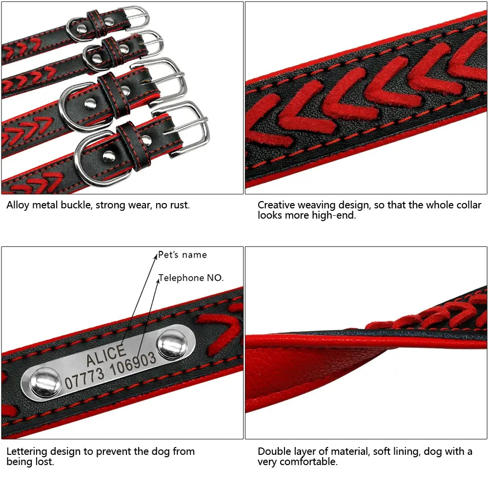 Braided Name-Plated Personalized Leather Dog Collar with Engraved ID Tags