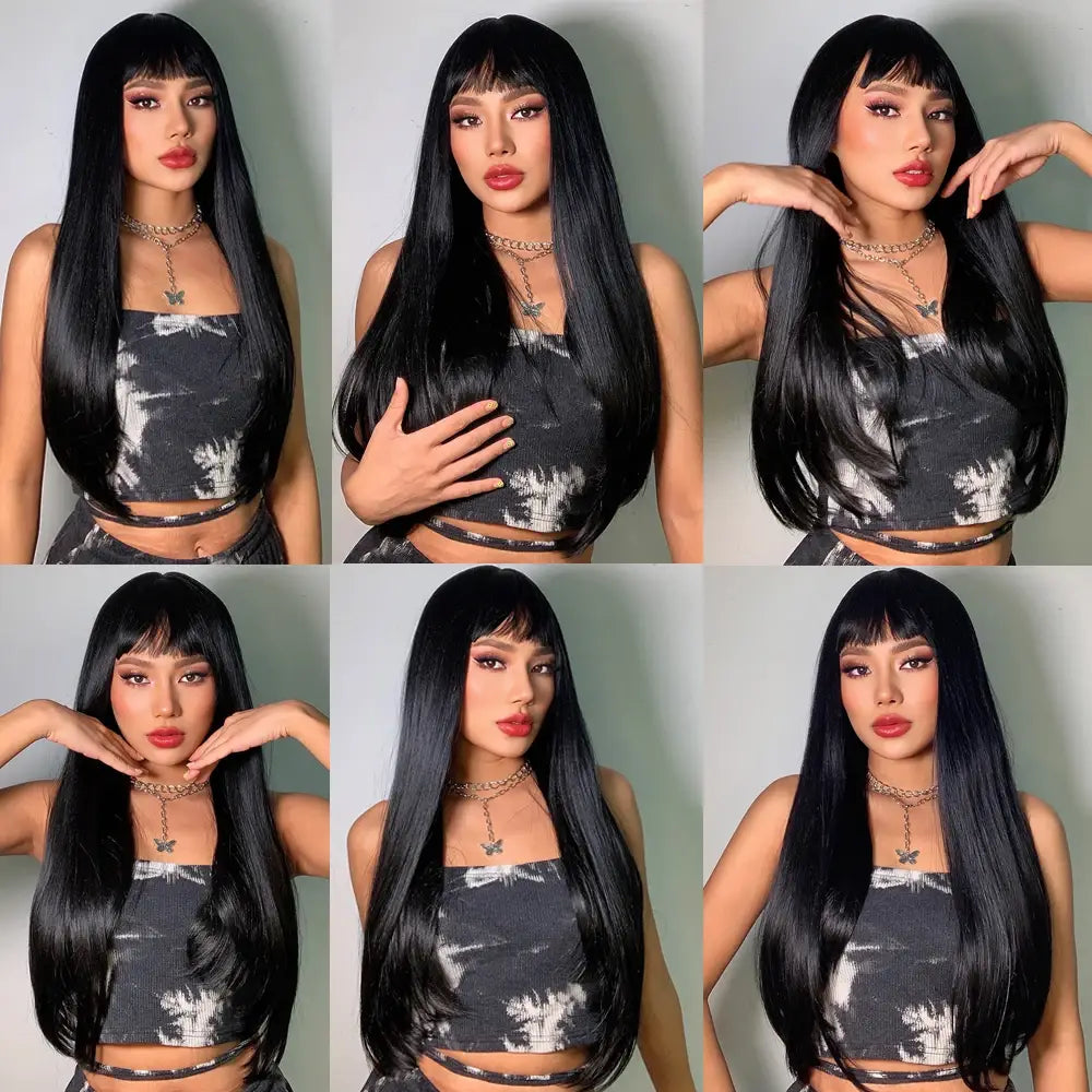 Black Bob Wig – Stylish Long Black Synthetic Wig with Bangs