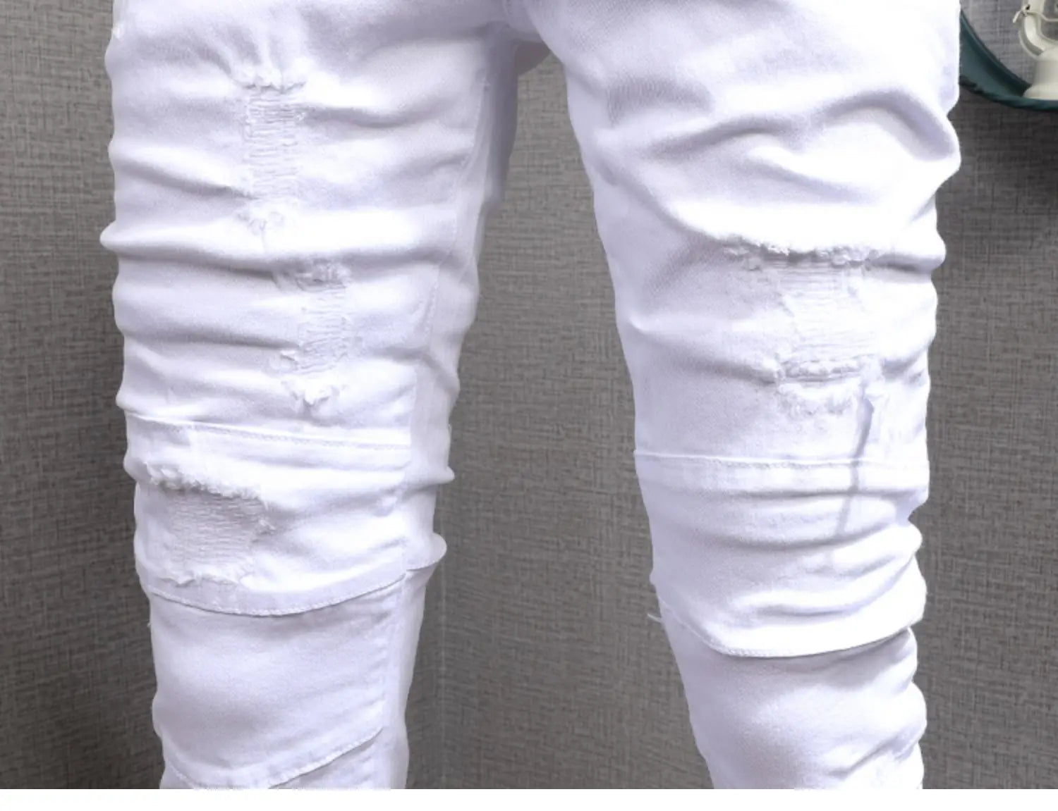 Summer Men’s White Jeans Casual Cotton Slim Fit Straight Pants Mens Fashion Streetwear Ripped Patches Denim Trousers