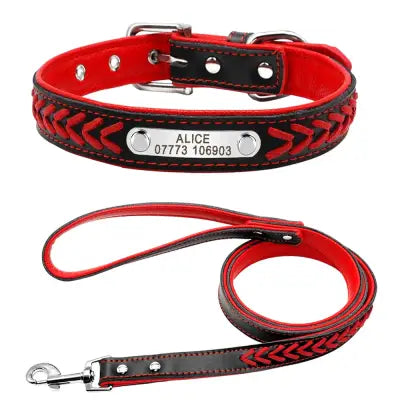 Braided Name-Plated Personalized Leather Dog Collar with Engraved ID Tags - Red set / XS