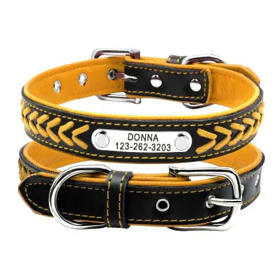 Braided Name-Plated Personalized Leather Dog Collar with Engraved ID Tags