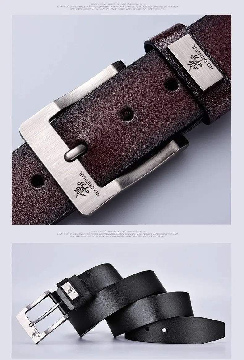 Leather Men’s Belt with High-Quality Cowskin Buckle Waistband