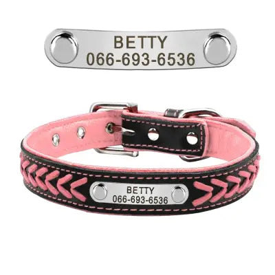 Braided Name-Plated Personalized Leather Dog Collar with Engraved ID Tags - Pink / XL