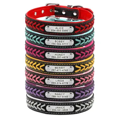 Braided Name-Plated Personalized Leather Dog Collar with Engraved ID Tags