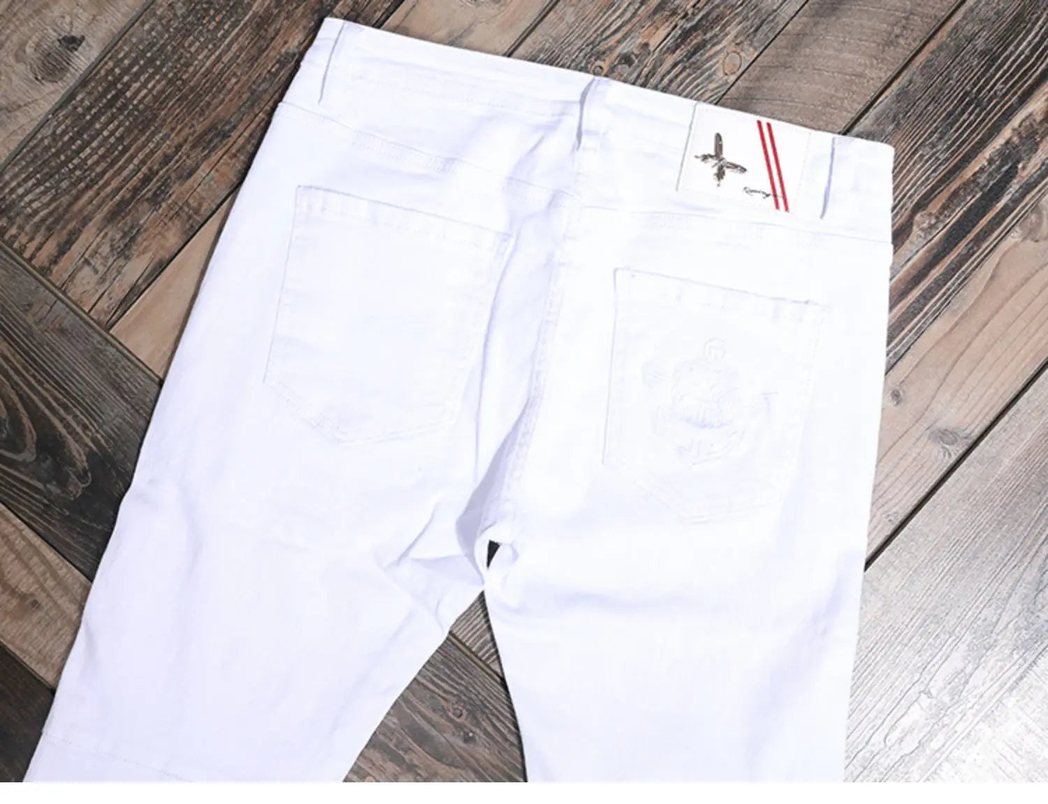 Summer Men’s White Jeans Casual Cotton Slim Fit Straight Pants Mens Fashion Streetwear Ripped Patches Denim Trousers