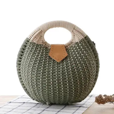 Natural Rattan Handwoven Shell Handbag Bohemian Summer Tote - army green / (30cm<Max Length<50cm)