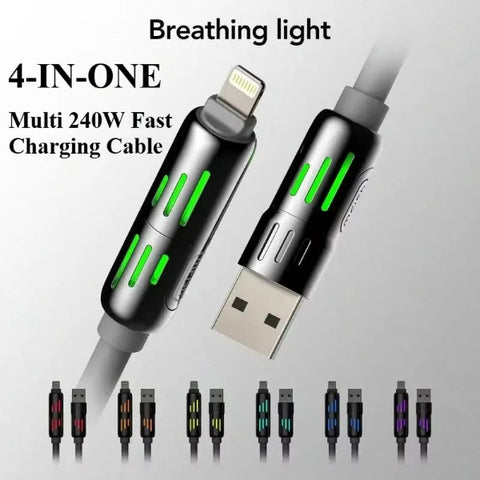 Multi-device charging cable with breathing light feature on a gray background