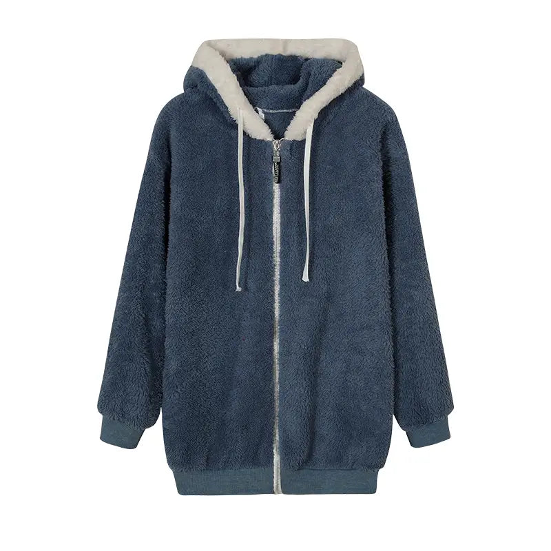 Loose Plush Zipper Hooded Jacket for Women in Autumn and Winter