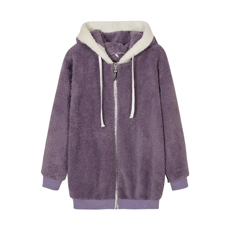 Loose Plush Zipper Hooded Jacket for Women in Autumn and Winter